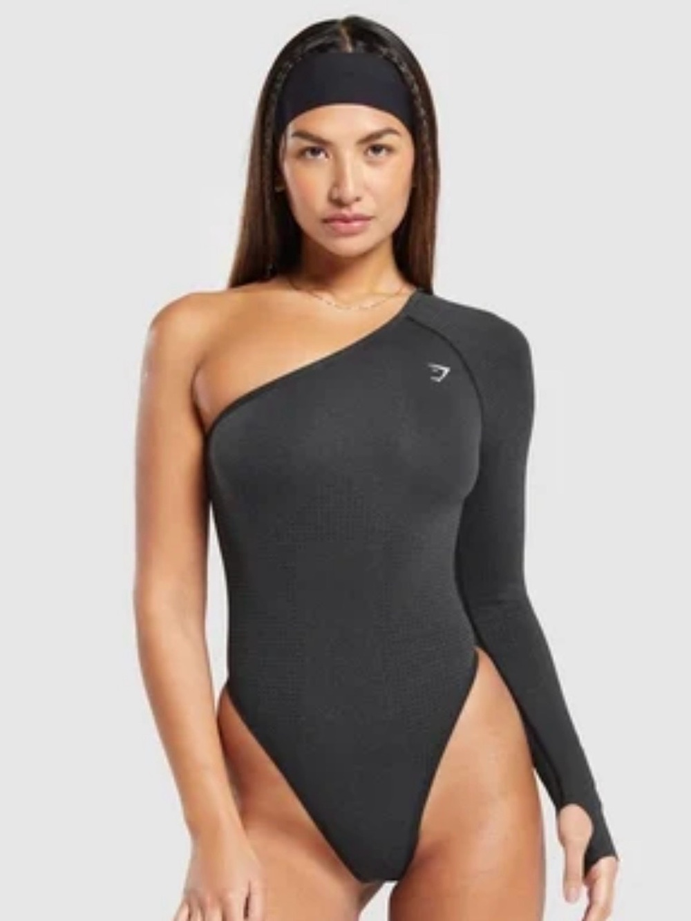 Gymshark One-Shoulder Long Sleeve Bodysuit - Charcoal Black